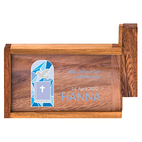 Geschenke 24 Magische Geldgeschenkebox zur Kommunion mit Wunschname | personalisiert mit Wunschdatum | nachhaltig | Dekogeschenk | Geldgeschenk (Blau, Kommunion-Taube+Bibel) von Geschenke 24