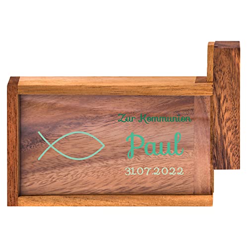 Geschenke 24 Magische Geldgeschenkebox zur Kommunion mit Wunschname | personalisiert mit Wunschdatum | nachhaltig | Dekogeschenk | Geldgeschenk (Grün, Kommunion-Fisch) von Geschenke 24