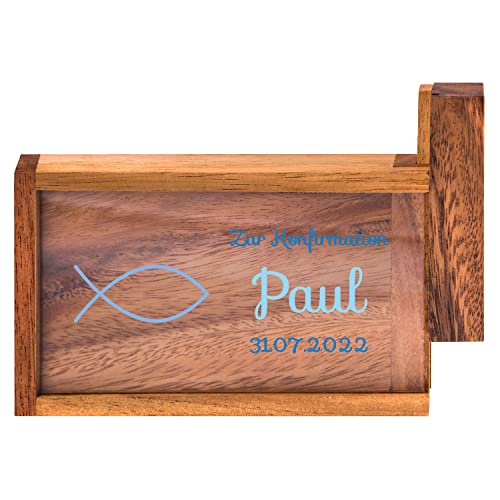 Geschenke 24 Magische Geldgeschenkebox zur Konfirmation mit Wunschname | personalisiert mit Wunschdatum | nachhaltig | Dekogeschenk | Geldgeschenk (Blau, Konfirmation-Fisch) von Geschenke 24