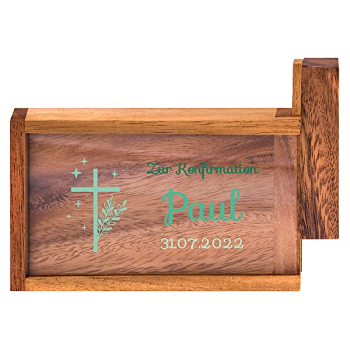 Geschenke 24 Magische Geldgeschenkebox zur Konfirmation mit Wunschname | personalisiert mit Wunschdatum | nachhaltig | Dekogeschenk | Geldgeschenk (Grün, Konfirmation-Kreuz) von Geschenke 24