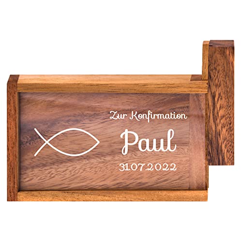 Geschenke 24 Magische Geldgeschenkebox zur Konfirmation mit Wunschname | personalisiert mit Wunschdatum | nachhaltig | Dekogeschenk | Geldgeschenk (Weiß, Konfirmation-Fisch) von Geschenke 24
