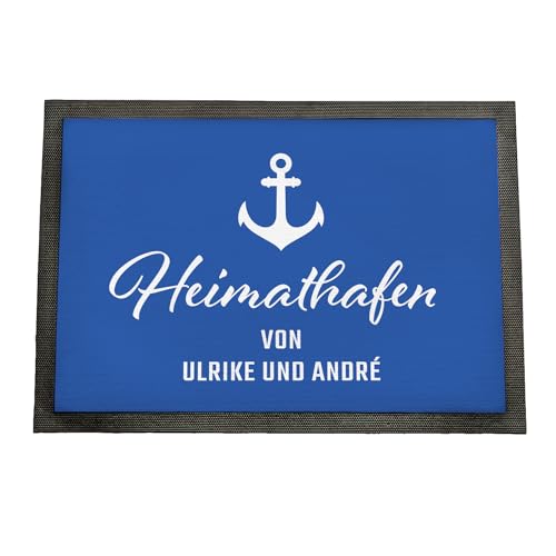 Geschenke 24 | Maritime Fußmatte Heimathafen (blau,Mit Rand - 75x50cm) | Schmutzfangmatte für innen und außen | optional mit Wunschnamen Bedruckt | Eingangstür | dekorative Geschenkidee von Geschenke 24