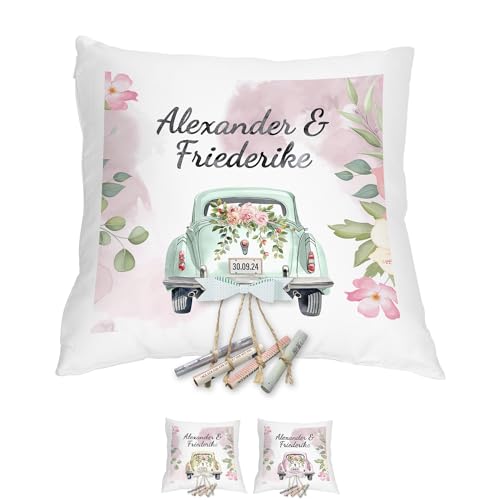 Personalisierbares Kissen als Geldgeschenk Hochzeit | Originelle Hochzeitsgeschenke für das Brautpaar | 40x40cm Hochzeitskissen mit Füllung | Motiv mit Hochzeitsauto Aquarell Wasserfarben von Geschenke 24