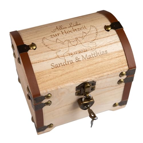 Personalisierte Schatztruhe Hochzeit | Hochzeitsgeschenke für Brautpaar Geld | Geldgeschenke Verpackung Geldscheine Münzen | Schatzkiste Spardose Holzkiste | Hölzerne Hochzeit Geschenk | Tauben von Geschenke 24