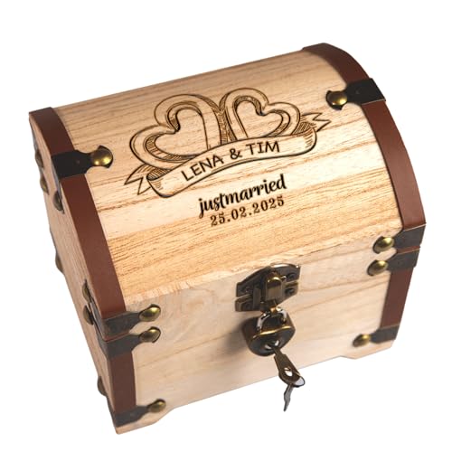 Personalisierte Schatztruhe Hochzeit | Hochzeitsgeschenke für Brautpaar Geld | Geldgeschenke Verpackung Geldscheine Münzen | Schatzkiste Spardose Holzkiste | Hölzerne Hochzeit Geschenk | Herzen von Geschenke 24