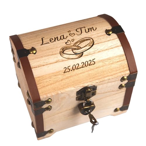 Personalisierte Schatztruhe Hochzeit | Hochzeitsgeschenke für Brautpaar Geld | Geldgeschenke Verpackung Geldscheine Münzen | Schatzkiste Spardose Holzkiste | Hölzerne Hochzeit Geschenk | Ringe von Geschenke 24