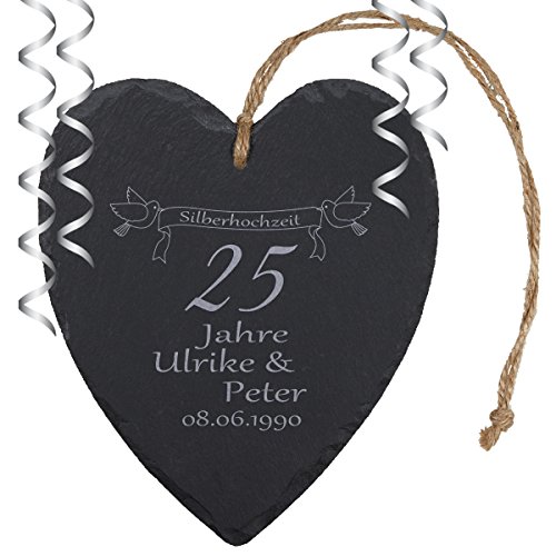 Geschenke 24 Schieferherz „Silberhochzeit“ - individuelles Herz aus Schiefer mit Namen - Geschenk für Ehepaare zu 25. Ehejubiläum von Geschenke 24