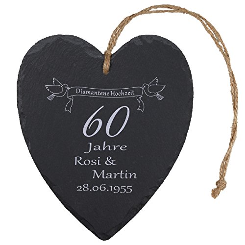 Geschenke 24 Schieferherz – Diamantene Hochzeit (Natur): persönliches Schiefer Herz mit Namen personalisiert und Datum – Geschenkidee 60 Jahre Ehe, 60. Hochzeitstag, Diamanthochzeit von Geschenke 24