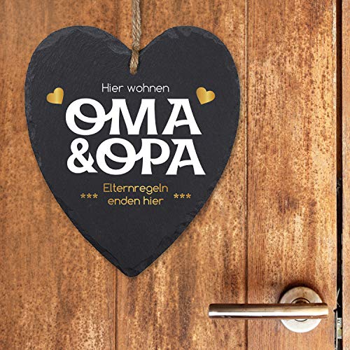 Geschenke 24 Schieferherz Oma und Opa "Elternregeln enden hier" (Gold, ohne Personalisierung) - Schieferplatte mit Spruch für Großeltern - Eingangstür Haustür - Weihnachtsgeschenke für Oma und Opa von Geschenke 24