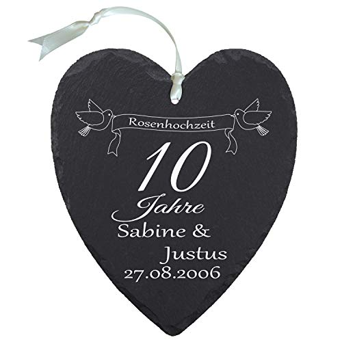 Geschenke 24 Schieferherz Rosenhochzeit - individuelles Herz aus Schiefer mit Namen Bedruckt - Geschenk für Ehepaare zu 10. Ehejubiläum von Geschenke 24
