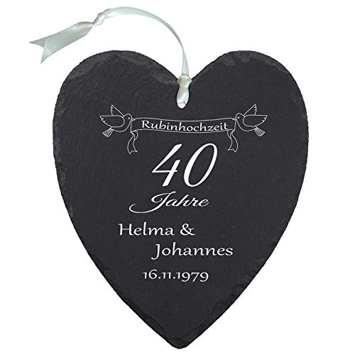 Geschenke 24 Schieferherz Rubinhochzeit - individuelles Herz aus Schiefer mit Namen Bedrucken - Geschenk für Ehepaare zu 40. Ehejubiläum von Geschenke 24