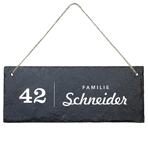 Schiefertafel mit Hausnummer (eckig) | personalisiert mit Familiennamen | Türschild zum Aufhängen | individuelle und dekorative Geschenkidee | von Geschenke 24