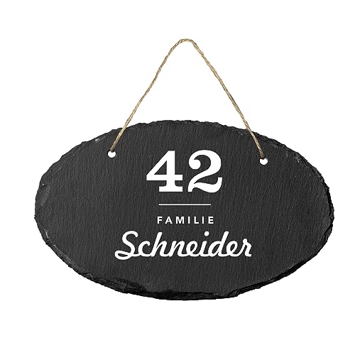 Schiefertafel mit Hausnummer (oval) | personalisiert mit Familiennamen | Türschild zum Aufhängen | individuelle und dekorative Geschenkidee | von Geschenke 24