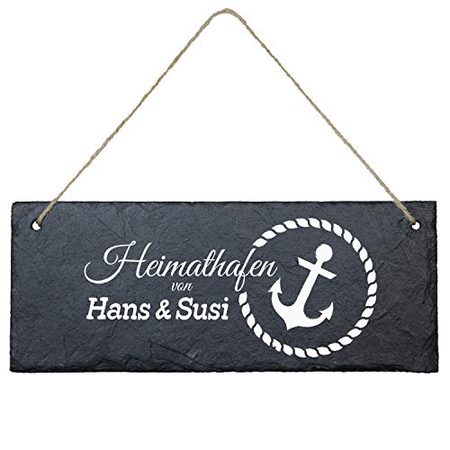 Geschenke 24 Schiefertafel zum Aufhängen Heimathafen (Anker, schwarz/weiß) - Personalisierte Schieferplatte mit Spruch - Eingangstür Haustür - Deko Maritim, Wanddeko von Geschenke 24