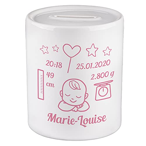 Geschenke 24 Spardose personalisiert zur Geburt Taufe rund (rosa): Spardose, Sparbüchse personalisiert mit Geburtsdaten - Geschenk zur Geburt, Taufe Junge, Taufe Mädchen von Geschenke 24