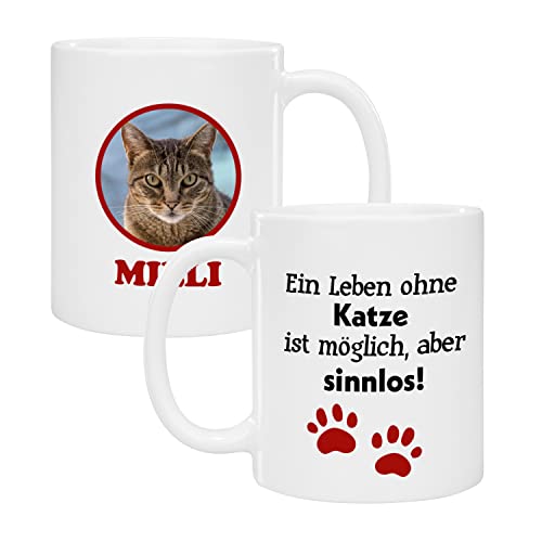 Geschenke 24 Tasse Katze personalisiert | Katzenmotiv mit Wunschfoto und Wunschname | mit Spruch | Katzenzubehör | Kaffebeecher für Katzenfreunde | Katzengeschenk | Teetasse | (Rot, Leben ohne Katze) von Geschenke 24