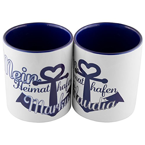 Geschenke 24 Tassen Set Heimathafen (blau - blau) - Tasse Maritim für Freunde oder Partner – Tasse Anker, Ebbe und Flut - Valentinstagsgeschenk, Geburtstagsgeschenk von Geschenke 24