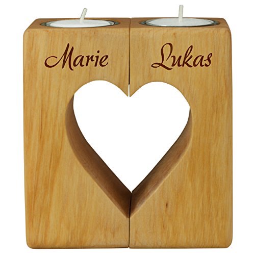 Geschenke 24 Teelichthalter Set Holz Herz personalisiert I Für verliebte Paare mit Gravur I Inkl 2 Teelichter I Kerzenständer Geschenk zum Jahrestag Hochzeitstag Valentinstag I Wunschname graviert von Geschenke 24