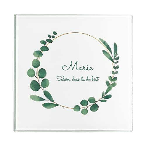 Geschenke 24 Untersetzer aus Glas | personalisiert | Wunschname | Wunschtext | Dekogeschenk | Blumenmotiv| eckig | rund (Quadratisch, Eukalyptus-Rund) von Geschenke 24
