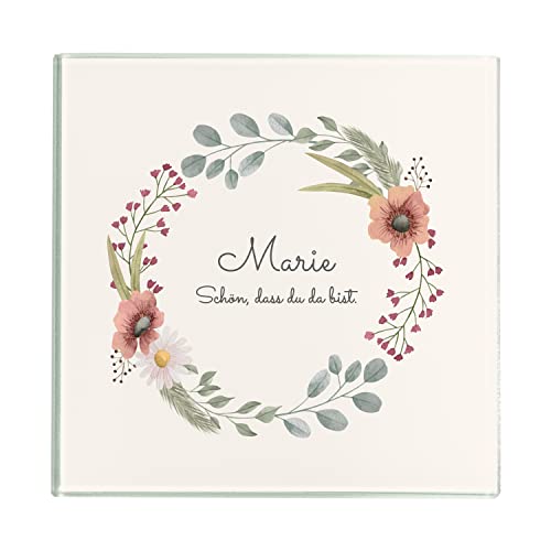 Geschenke 24 Untersetzer aus Glas | personalisiert | Wunschname | Wunschtext | Dekogeschenk | Blumenmotiv| eckig | rund (Quadratisch, Mohn) von Geschenke 24