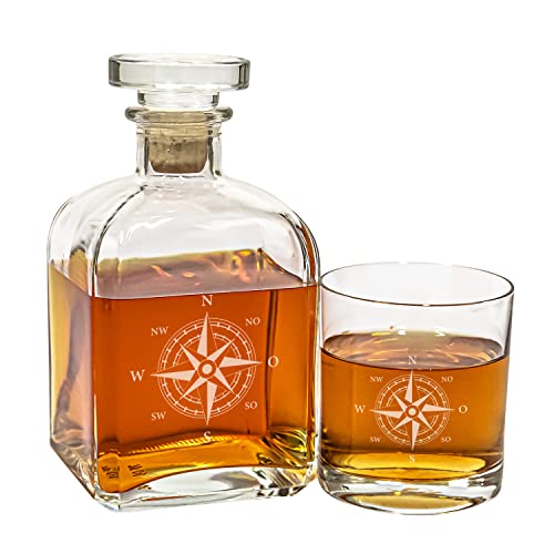 Geschenke 24 Whisky Karaffe mit Gravur I Edel I 1 Glas I Mit maritimem Kompass Nautikrose I gravierte Geschenkidee für Männer zum Geburtstag oder Weihnachten I Vatertagsgeschenk für Whiskyliebhaber von Geschenke 24