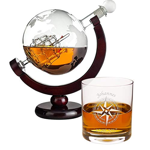 Whisky Geschenkset | Whisky Karaffe Globus + 1 Whiskyglas mit Personalisierter Gravur Kompass | Geschenke für Männer | Whiskey Karaffe Set | Ausgefallenes Geburtstagsgeschenk von Geschenke 24