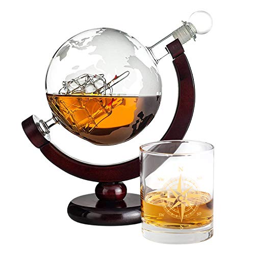 Whisky Geschenkset | Whisky Karaffe Globus und 1 Whiskyglas mit Goldenem Kompass | Geschenke für Männer | Whiskey Karaffe Set | Karaffe mit Whiskeygläser | Ausgefallenes Geburtstagsgeschenk von Geschenke 24
