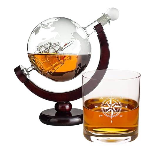 Whisky Geschenkset | Whisky Karaffe Globus und 1 Whiskyglas mit Gravur Kompass | Geschenke für Männer | Whiskey Karaffe Set | Karaffe mit Whiskeygläser | Ausgefallenes Geburtstagsgeschenk von Geschenke 24