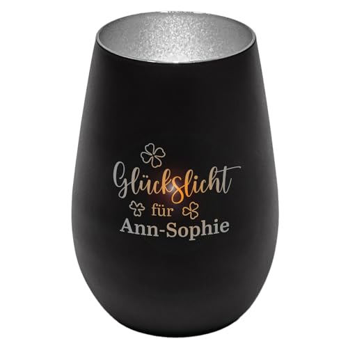 Geschenke 24 | Windlicht aus Glas graviert mit Wunschnamen (Schwarz/Silber,Klee) | Glückslicht | personalisiert | Teelichtglas | Teelichthalter | Geschenkidee für Männer und Frauen von Geschenke 24