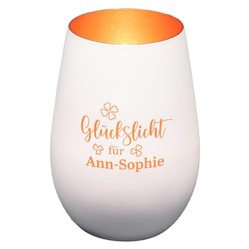 Geschenke 24 | Windlicht aus Glas graviert mit Wunschnamen (Weiß/Bronze,Klee) | Glückslicht | personalisiert | Teelichtglas | Teelichthalter | Geschenkidee für Männer und Frauen von Geschenke 24