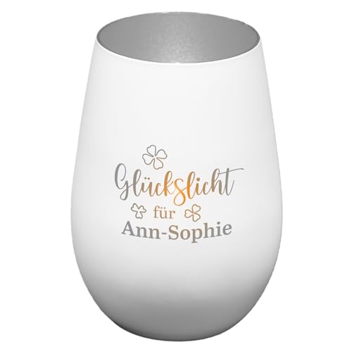 Geschenke 24 | Windlicht aus Glas graviert mit Wunschnamen (Weiß/Silber,Klee) | Glückslicht | personalisiert | Teelichtglas | Teelichthalter | Geschenkidee für Männer und Frauen von Geschenke 24