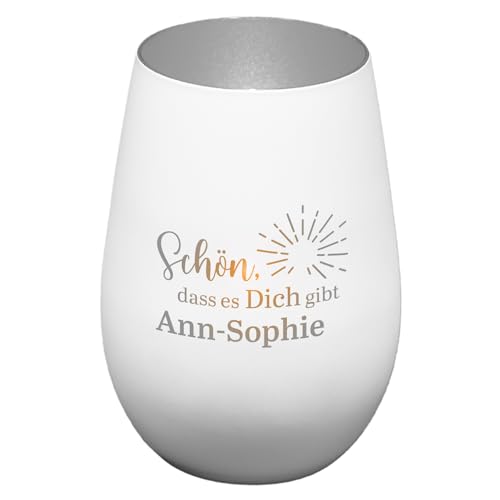 Geschenke 24 | Windlicht aus Glas graviert mit Wunschnamen (Weiß/Silber,Sonne) | Glückslicht | personalisiert | Teelichtglas | Teelichthalter | Geschenkidee für Männer und Frauen von Geschenke 24