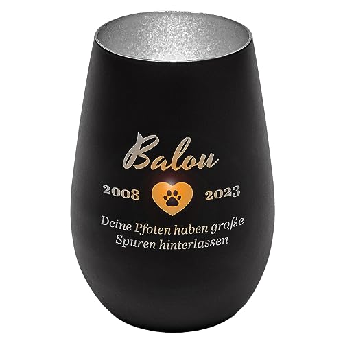 Windlicht aus Glas graviert mit Wunschnamen für Haustier (Schwarz/Silber) | Andenken | personalisiert | Trauergeschenk | Teelichtglas | Teelichthalter | Grablicht von Geschenke 24