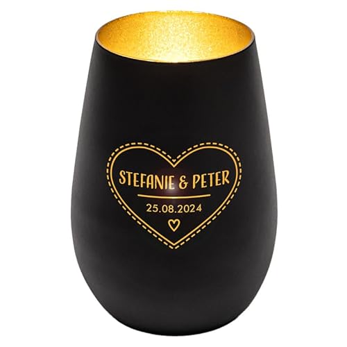 Geschenke 24 | Windlicht aus Glas zur Hochzeit (schwarz/Gold)| personalisiert mit Wunschnamen und Wunschdatum | Dekogeschenk – Teelichtglas | Teelichthalter | Geschenkidee für Männer und Frauen von Geschenke 24