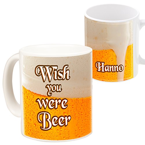 Geschenke 24: Becher – Wish you were beer (Spruch Wish you were beer) – personalisierte Tasse in Bier-Optik mit Wunschname von Geschenke 24