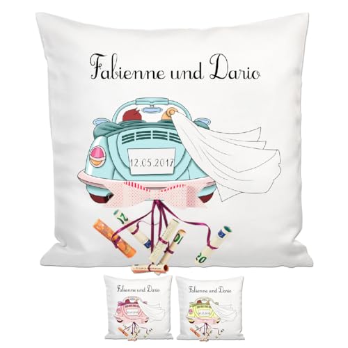 Personalisierbares Kissen als Geldgeschenk Hochzeit | Originelle Hochzeitsgeschenke für das Brautpaar | 40x40cm Hochzeitskissen mit Füllung | Motiv mit klassischem Hochzeitsauto von Geschenke 24