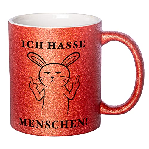 Glitzer Tasse mit Spruch Ich hasse Menschen | Rot | Hase | 330ml | doppelseitig bedruckt | Lustige Hasentasse als witzige Geschenkidee zu Weihnachten für beste Freundin oder Kollegin von Geschenke 24