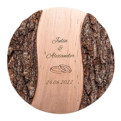 Holz Scheibe mit Gravur | Personalisiert mit Wunschdatum und Namen | Ringe | Hochzeitsgeschenke für Brautpaar | Geschenk zum Jahrestag für ihn | Besondere Geschenkidee zum Hochzeitstag von Geschenke 24