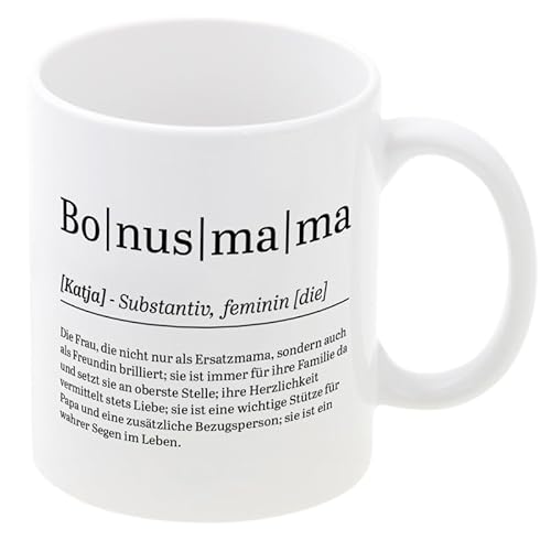 Kaffee-Tasse personalisiert - Bonus-Mama | mit Wunschnamen und liebevoller Beschreibung bedruckt | Keramikbecher | 330 ml | Geschenkidee für Männer und Frauen von Geschenke 24