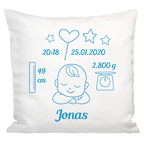 Geschenke 24 Kissen zur Geburt Taufe (hellblau): personalisiertes Kuschelkissen mit Geburtsdaten Bedruckt – Geschenk zur Geburt, Taufe Mädchen, Taufe Junge von Geschenke 24