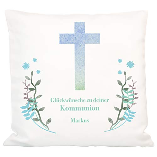 Geschenke 24 Kissen zur Kommunion (blau): Kuschelkissen als Geldgeschenk mit Name personalisiert - Geld kreativ verpacken - Dekokissen - Zierkissen - Sofakissen von Geschenke 24