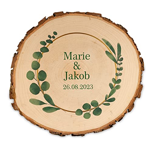 Personalisierte Baumscheibe mit Rinde | Hochzeitsgeschenk für das Brautpaar | Eukalyptus | Geschenkidee zum Hochzeitstag | Holzscheibe | Geschenk Hochzeit Boho | Mittel (18-20cm) von Geschenke 24