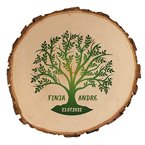 Personalisierte Baumscheibe mit Rinde | Hochzeitsgeschenk für das Brautpaar | Lebensbaum - Grün | Geschenkidee zum Hochzeitstag | Holzscheibe | Geschenk Hochzeit Boho | Mittel (18-20cm) von Geschenke 24