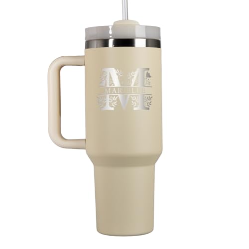 Großer Trinkbecher mit Strohhalm Personalisiert | 1200ml Thermobecher mit Deckel und Strohhalm | Trinkflasche mit Gravur | Spülmaschinenfest | Geschenkidee Ostergeschenke für Frauen | Cream Monogramm von Geschenke 24