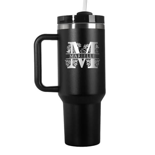 Großer Trinkbecher mit Strohhalm Personalisiert | 1200ml Thermobecher mit Deckel und Strohhalm | Trinkflasche mit Gravur | Spülmaschinenfest | Ostergeschenke für Frauen | Schwarz Monogramm von Geschenke 24