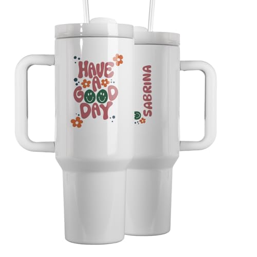 Großer Trinkbecher mit Strohhalm Personalisiert | 1200ml Thermobecher mit Deckel und Strohhalm | Have a good Day | in versch. Farben | Trinkflasche Bedruckt mit Name | Geschenke für Frauen und Männer von Geschenke 24