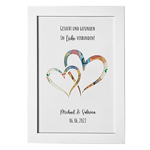 Personalisiertes Geldgeschenk zur Hochzeit I inklusive A4 Bilderrahmen Weiß I Hochzeitsgeschenke für das Brautpaar I Herzen von Geschenke 24