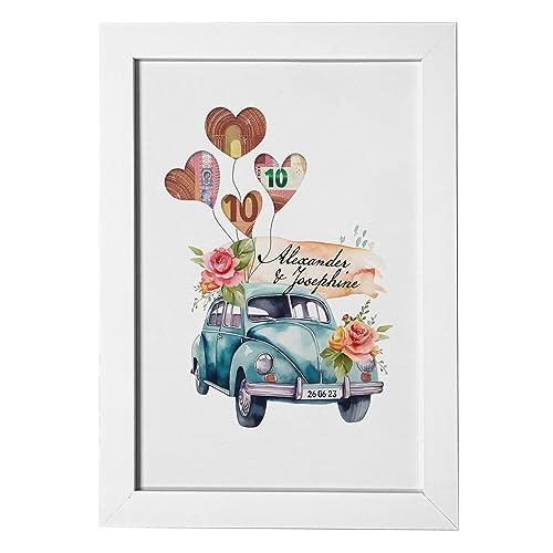 Personalisiertes Geldgeschenk zur Hochzeit I inklusive A4 Bilderrahmen Weiß I Hochzeitsgeschenke für das Brautpaar I Oldtimer Auto von Geschenke 24