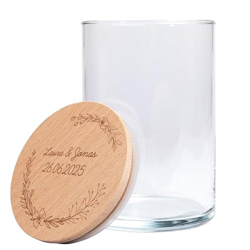 Personalisiertes Vorratsglas mit Holzdeckel (Kranz) | zur Hochzeit | Hochzeitsgeschenk | mit Wunschnamen und Datum graviert | mit Blumenmotiv | Geschenkidee für das Hochzeitspaar von Geschenke 24