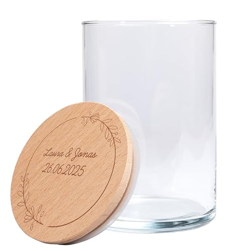 Personalisiertes Vorratsglas mit Holzdeckel (Kranz aus Blumen) | zur Hochzeit | Hochzeitsgeschenk | mit Wunschnamen und Wunschdatum graviert | mit Blumenmotiv | Geschenkidee für das Hochzeitspaar von Geschenke 24